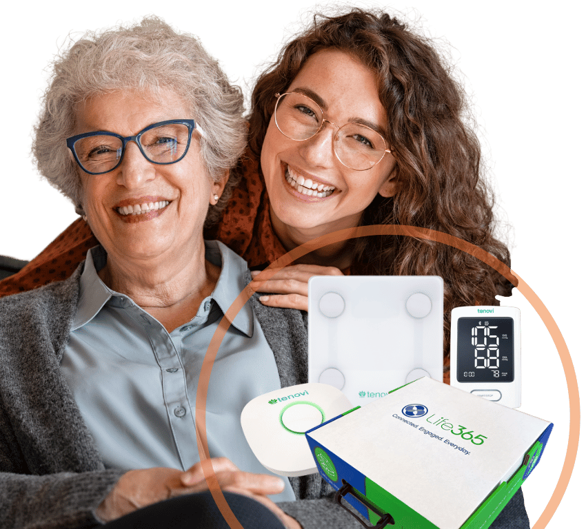 Elderly Woman being embraced by a younger woman with Remote Monitoring devices in front of them