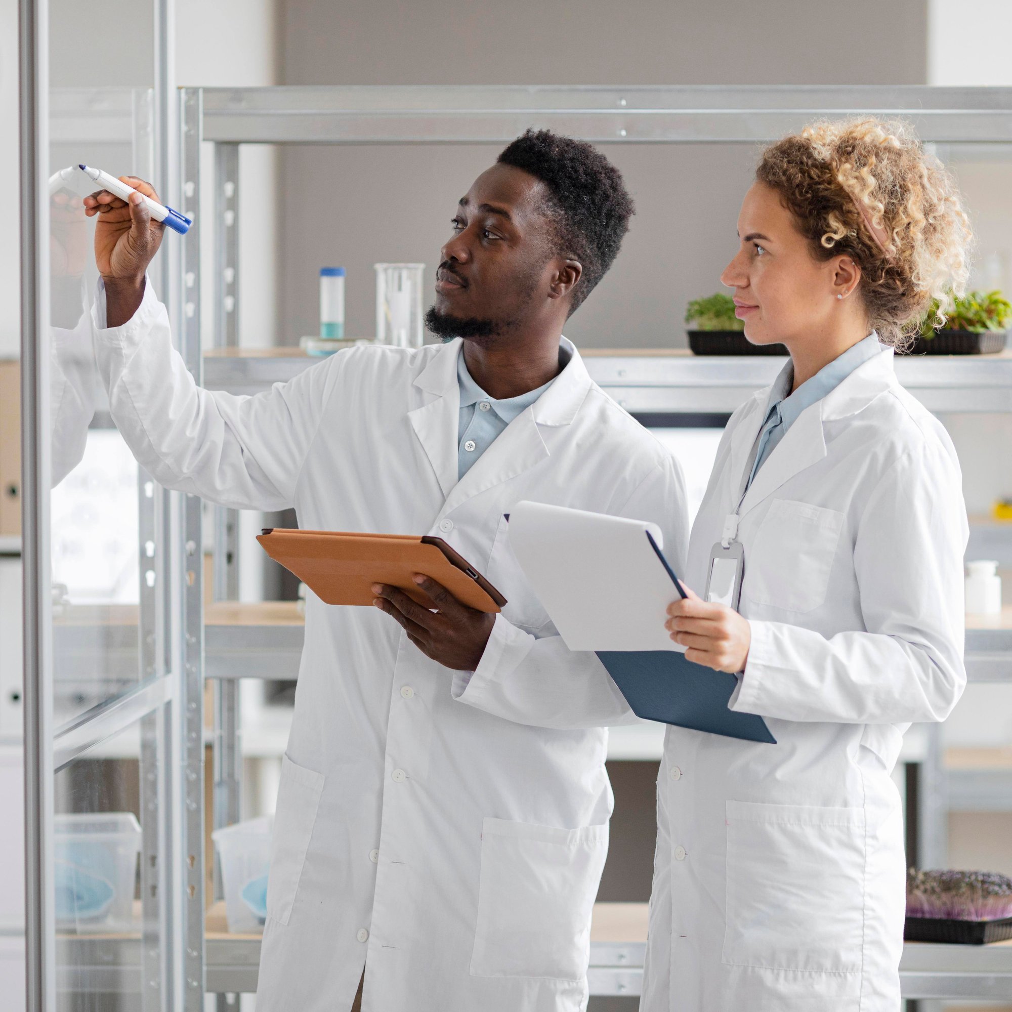 researchers-with-tablet-clipboard-biotechnology-laboratory