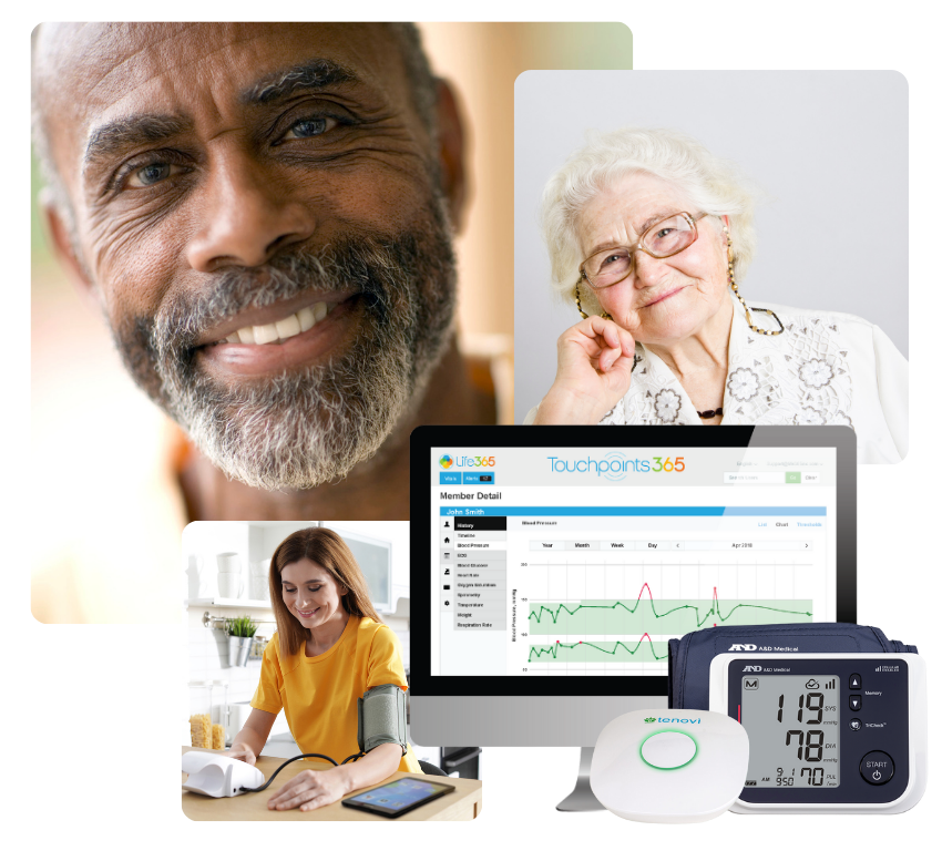 Images of people with a blood pressure device, a tenovi hub and a screen showing health data