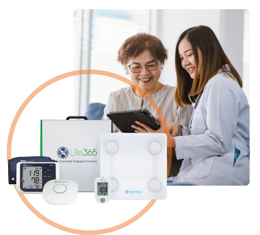 Elderly woman with a female doctor looking at an ipad with the Life365 health kit