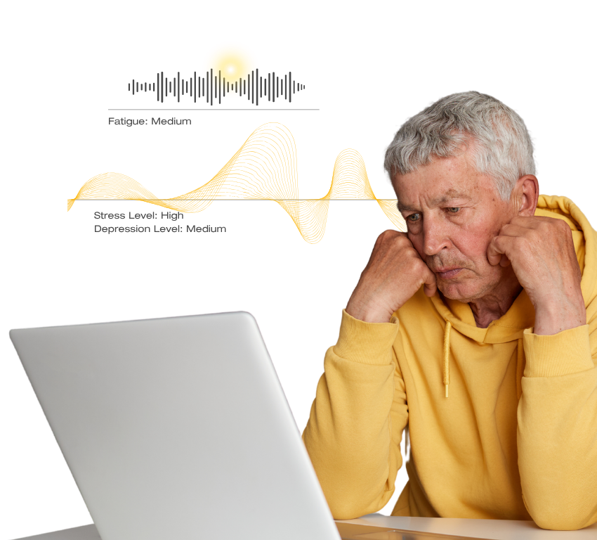 Elderly man looking at his laptop with biomarkers that show high stress